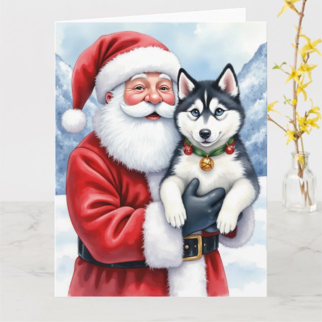 Carte Santa Claus Holding Siberian Husky Christmas Art (Fleur jaune)
