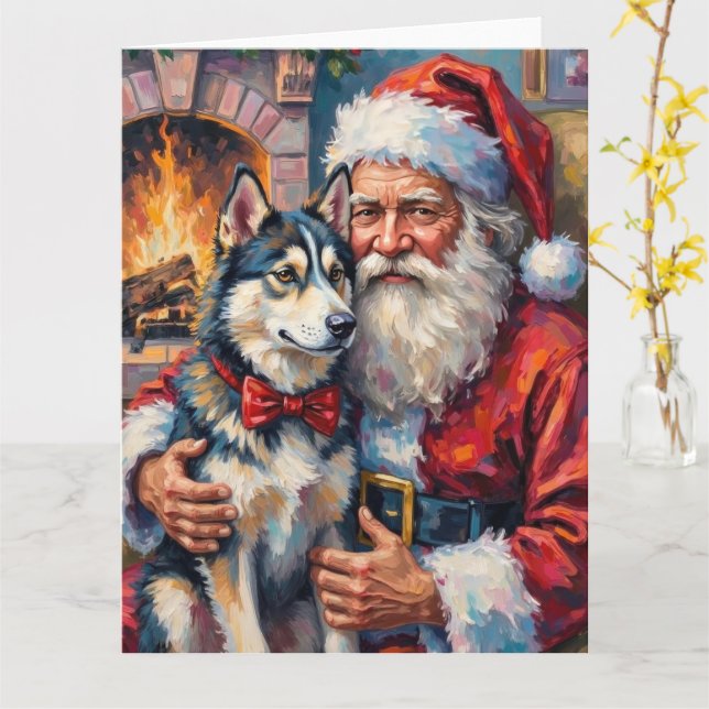 Carte Santa Claus Holding Siberian Husky Christmas Art (Fleur jaune)