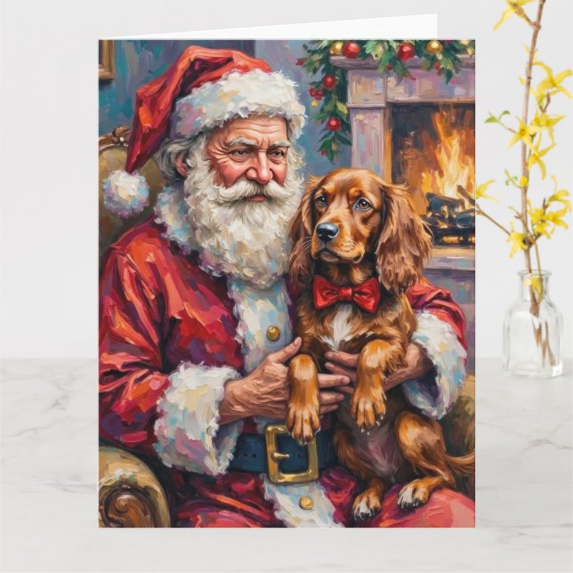 Carte Santa Claus Holding Sussex Spaniel Christmas Art (Fleur jaune)