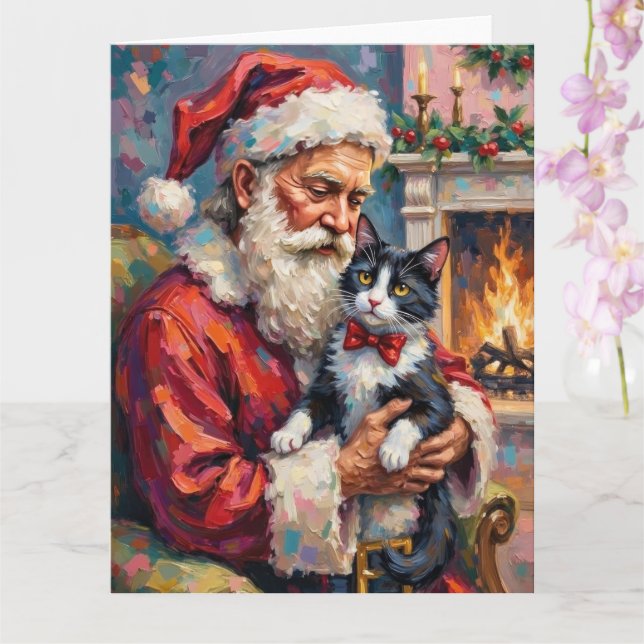 Carte Santa Claus Holding Tuxedo Cat Christmas Art (Orchidée)