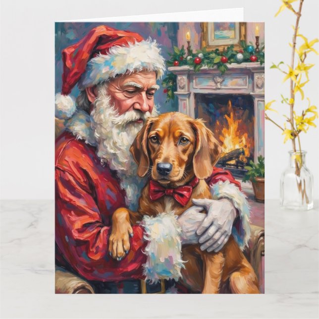 Carte Santa Claus Holding Vizsla Christmas Art (Fleur jaune)