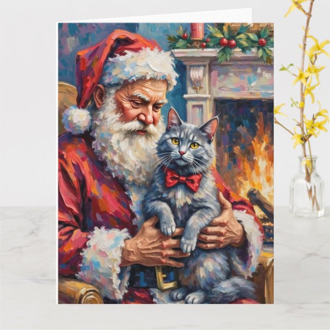 Carte Santa Claus Oriental Blue Cat Christmas Art (Fleur jaune)