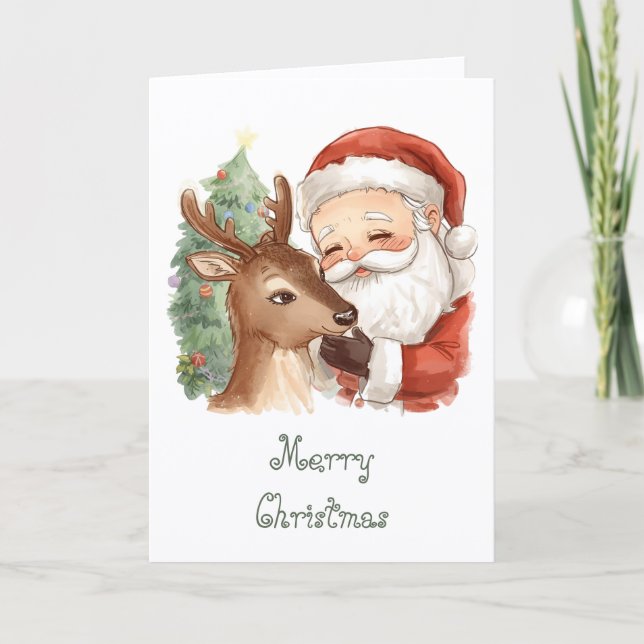 Carte Santa Claus with reindeer & whimsical Christmas (Devant)