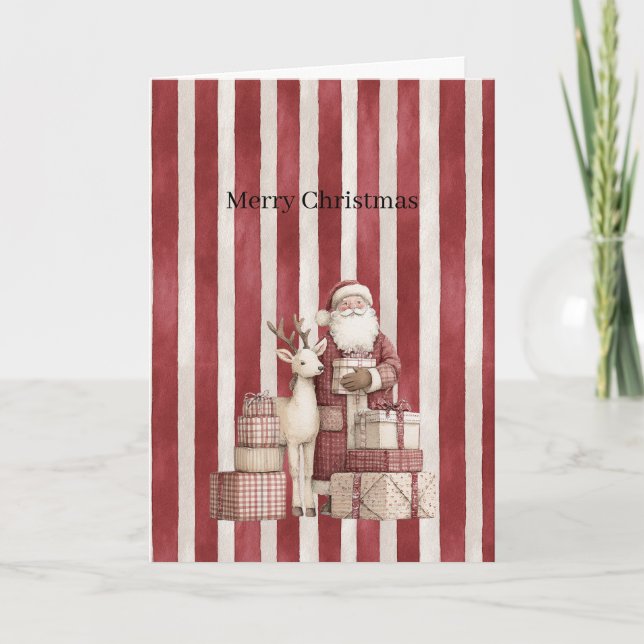 Carte Santa Deer Gifts Red Cream Stripes Christmas    (Devant)