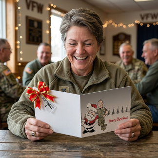 Carte Santa et soldat américain dessin animé Noël
