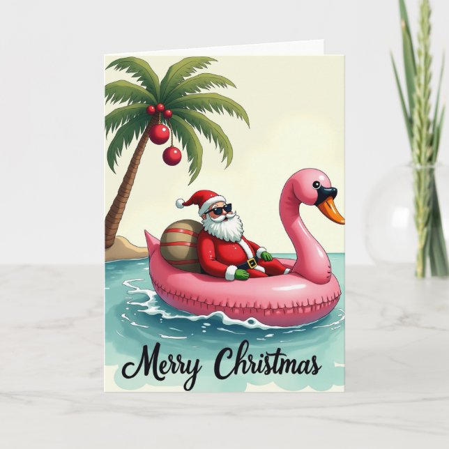 Carte Santa Flamingo Flotteur Joyeux Noël Tropical (Devant)