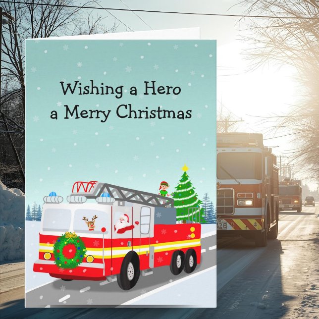 Carte Santa in Firetruck Merry Christmas Hero (Créateur téléchargé)