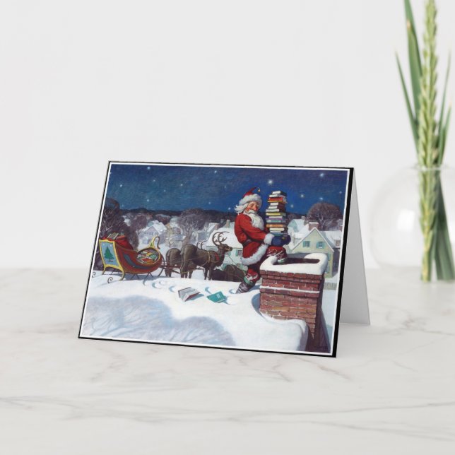 Carte Santa livrant des livres à Noël (Devant)