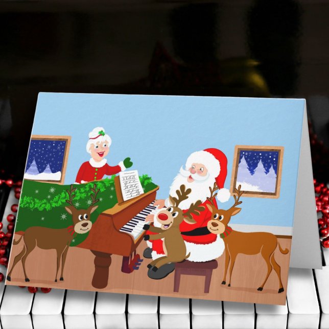Carte Santa Playing Piano with Reindeer Blank  (Créateur téléchargé)