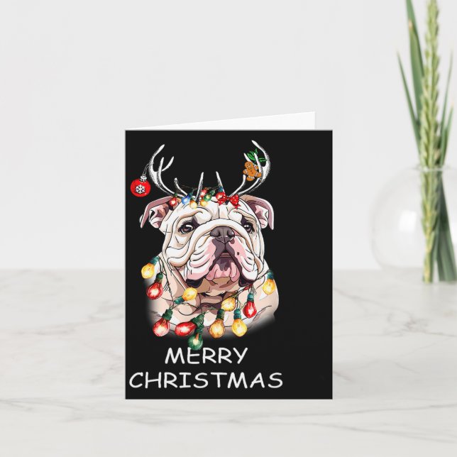 Carte Santa Reindeer English Bulldog Dog Christmas Light (Devant)
