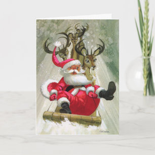 Carte Santa & Renne Sleigh Fait du Traîneau Moderne Vint