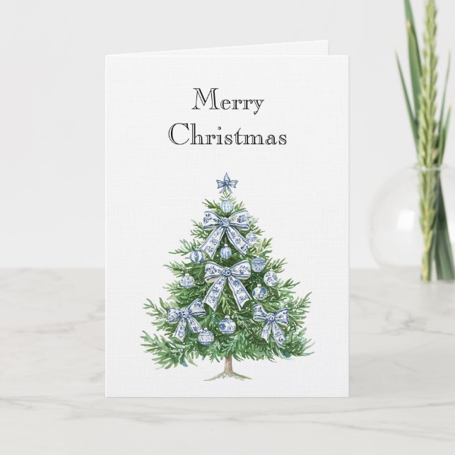 Carte Sapin de Noël aux Nœuds Bleus Blancs (Devant)