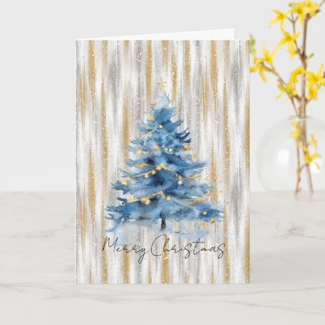 Carte Sapin de Noël Bleu Or Argent (Fleur jaune)