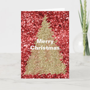 Carte Sapin de Noël en Or Glitz Étincelle Rouge