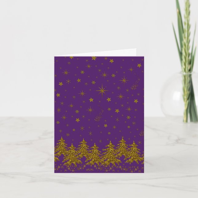 Carte Sapin de Noël en or scintillant, étoiles, neige su (Devant)