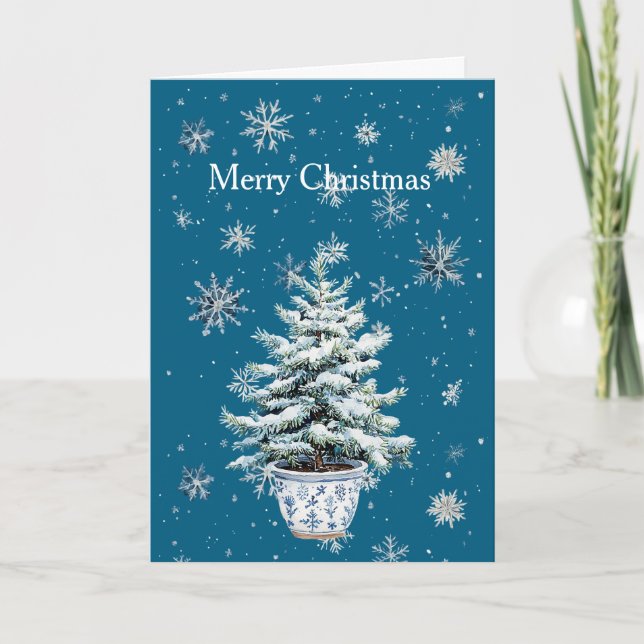 Carte Sapin de Noël Flocons de Neige Bleu Argent (Devant)