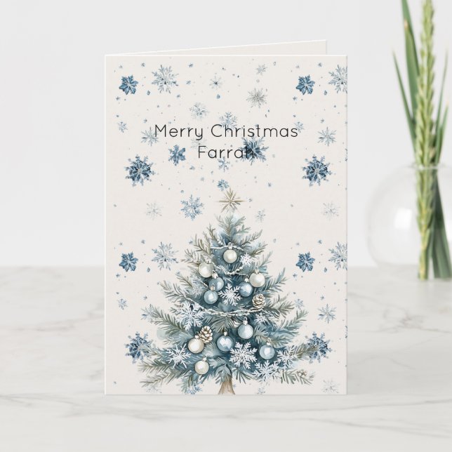 Carte Sapin de Noël Flocons de Neige Bleu Crème (Devant)