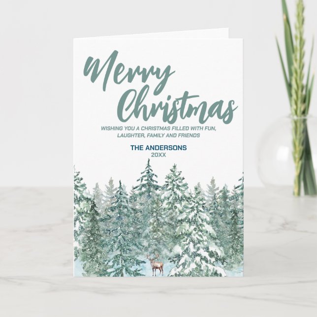 Carte Sapin de Noël joyeux forêt enneigée Renne moderne  (Devant)