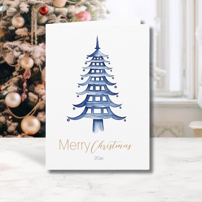 Carte Sapin de Noël Pagode en Chinoiserie Bleue (Blue Chinoiserie Pagoda Christmas Tree Card)