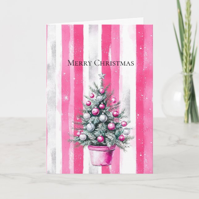 Carte Sapin de Noël rayé rose et blanc glamour (Devant)