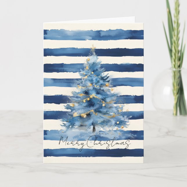 Carte Sapin de Noël Rayures Bleu Or Argenté   (Devant)