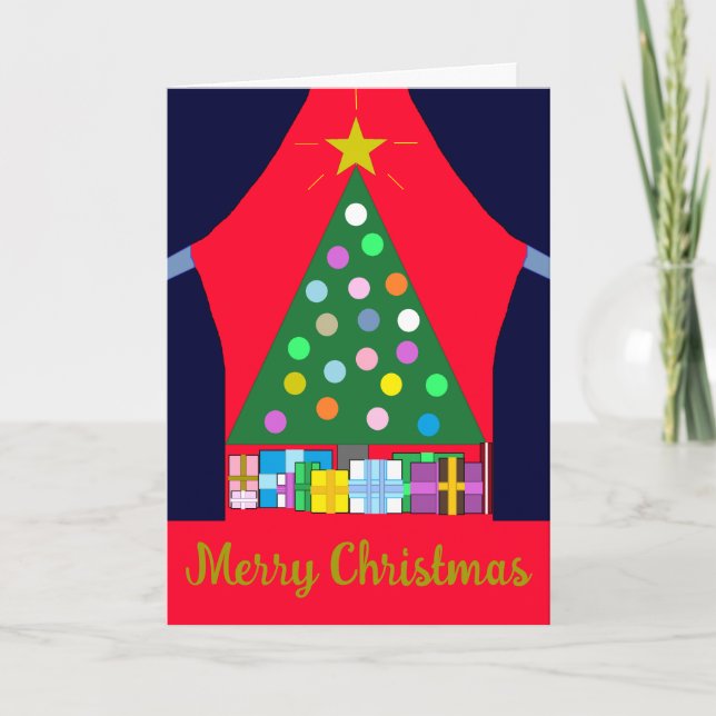 Carte Sapin de Noël vert avec tentures bleues : (Devant)