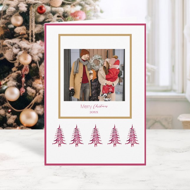 Carte Sapins de Noël Pagode Rouge 1-Photo (Red Pagoda Christmas Trees 1-Photo Card)