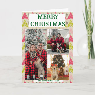 Carte Sapins de Noël rose et vert avec flocons de neige