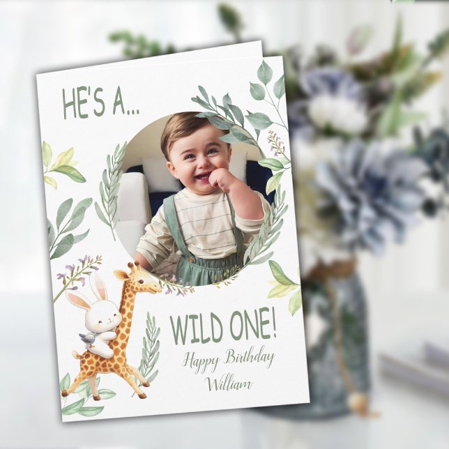 Carte sauvage un 1er anniversaire Garçon Sweet Animal aq (wild one 1st birthday Boy Sweet Animal watercolor Card)
