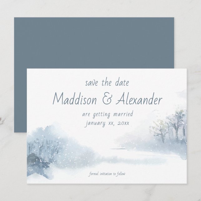 Carte Sauvez la Date, Hiver, Mariage, Bleu, Blanc (Devant / Derrière)