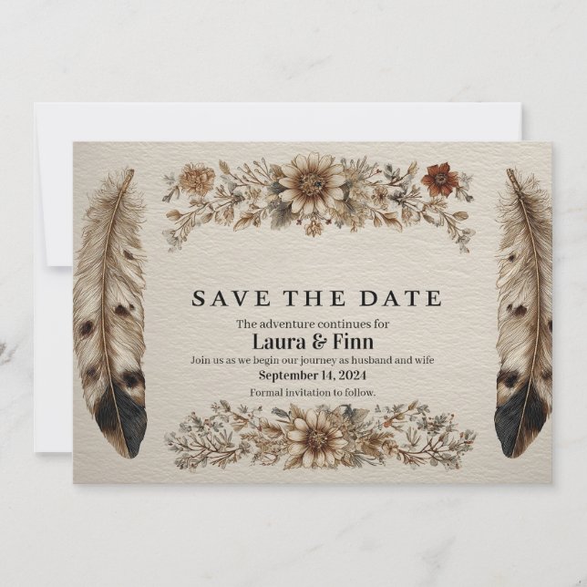 Carte "Sauvez la date" rustique avec plumes et fle (Devant)