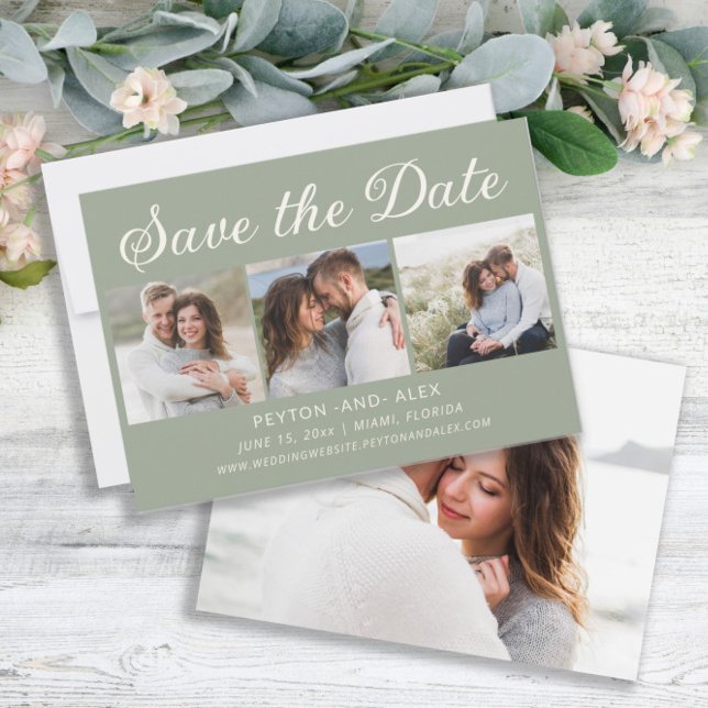 Carte Save Date de mariage 4 photos 2 faces vert s (Sage green 4-photo wedding Save the Date card)