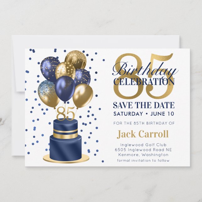 Carte Save The Date 85e Anniversaire Gâteau Bleu M (Devant)