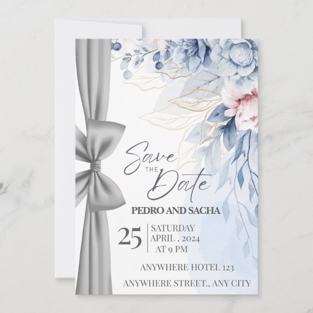 Carte "Save the Date" élégante à motif floral bleu (Devant)