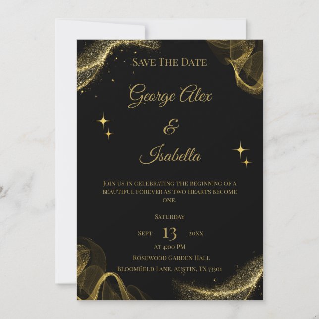 Carte "Save the Date" élégante noire et dorée à pa (Devant)