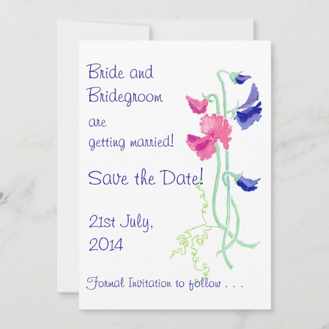Carte 'Save the Date' rose et bleue Sweet Pea (Devant)