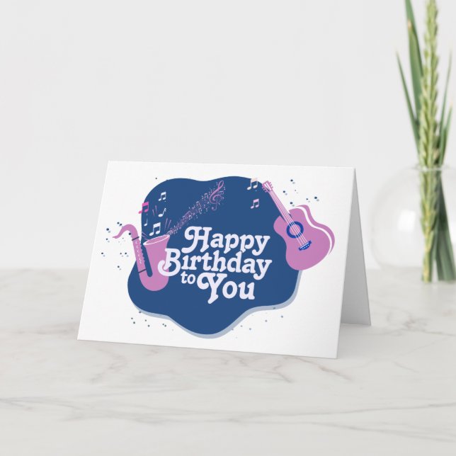 Carte Saxophone musical rose et bleu Anniversaire (Devant)