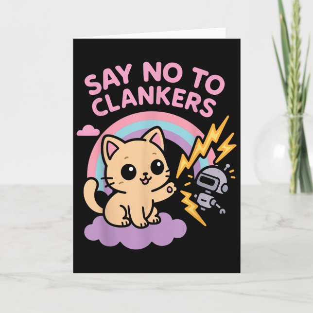 Carte Say No To Clankers Anti Ai Robots Cute Kitten Rain (Devant)