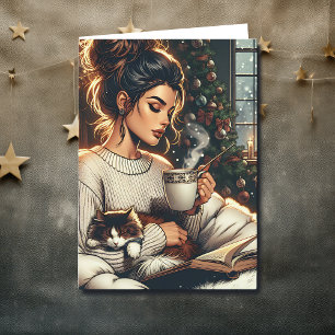 Carte Scène cosy   Une femme boit du cacao Noël
