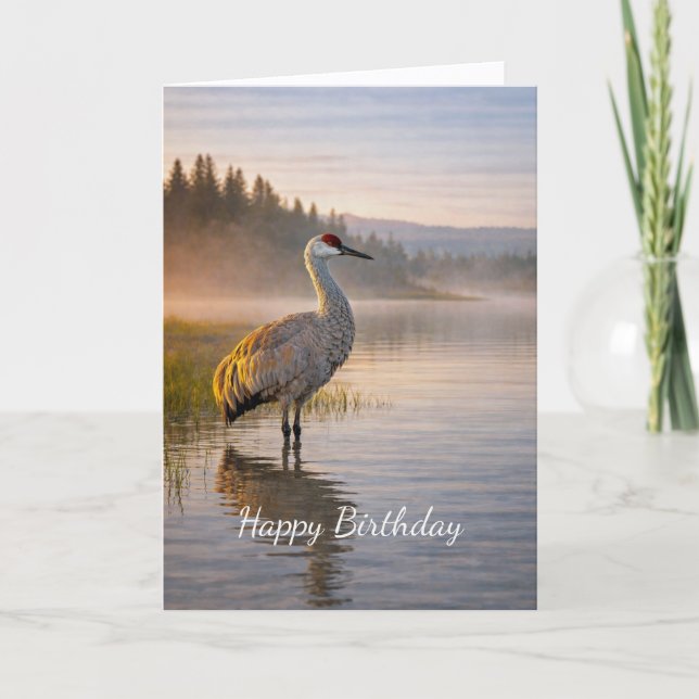 Carte Scène d'anniversaire du lac Misty avec une grue de (Devant)