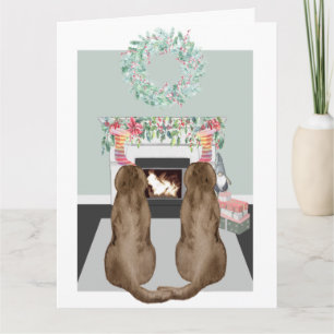Carte Scène de cheminée avec deux chiens labrador chocol