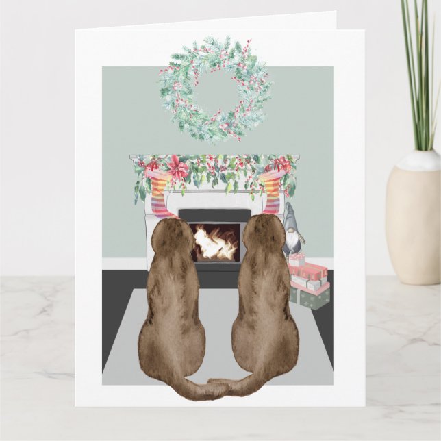 Carte Scène de cheminée avec deux chiens labrador chocol (Devant)
