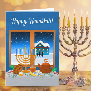 Carte Scène de fenêtre Hanukkah joyeuse et hivernale cos