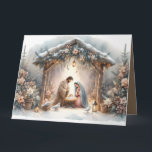 Carte Scène de la Nativité rustique avec fleurs d'hiver<br><div class="desc">Cette crèche sereine capture la beauté paisible de la Sainte Famille sous une étable en bois rustique, délicatement éclairée par des lanternes et entourée de douces chutes de neige. Le design présente Marie, Joseph et le bébé Jésus dans un moment chaleureux et révérencieux, accentué par des fleurs d'hiver délicates, des...</div>