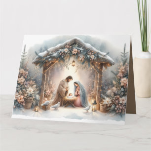 Carte Scène de Nativité Rustique avec Fleurs d'Hiver