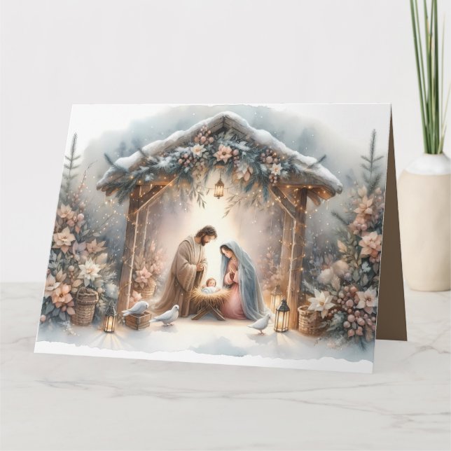 Carte Scène de Nativité Rustique avec Fleurs d'Hiver (Devant)