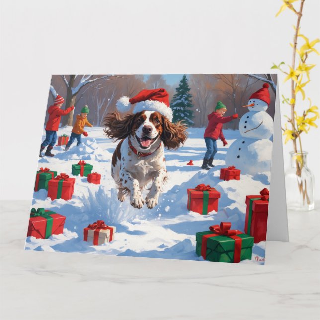 Carte Scène de neige festive de Noël avec un Brittany Sp (Fleur jaune)