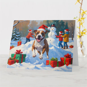 Carte Scène de neige festive de Noël avec un Bull Terrie