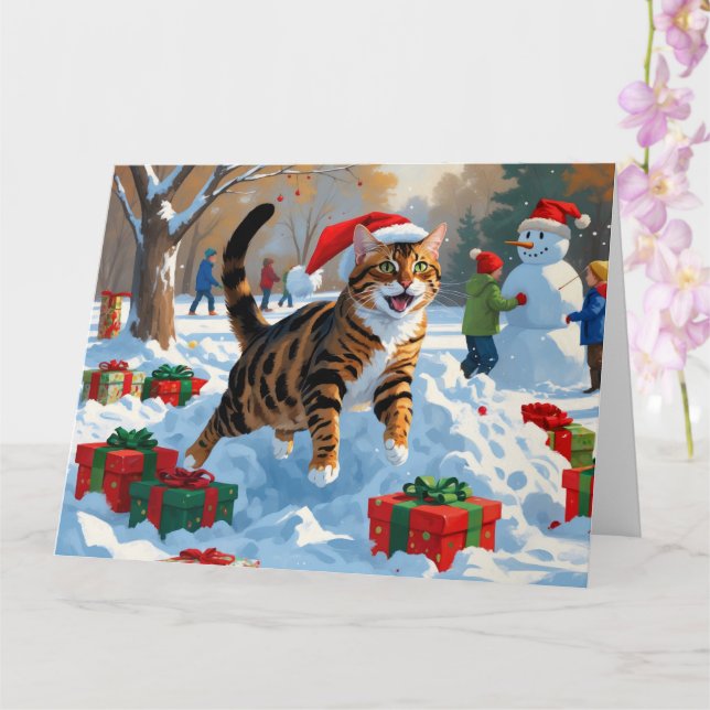 Carte Scène de neige festive de Noël avec un chat Bengal (Orchidée)