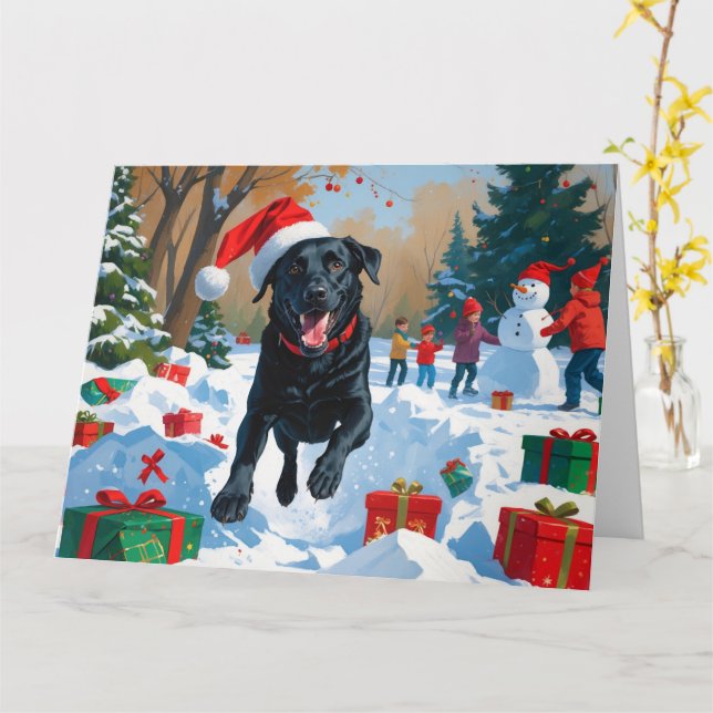 Carte Scène de neige festive de Noël avec un Labrador no (Fleur jaune)